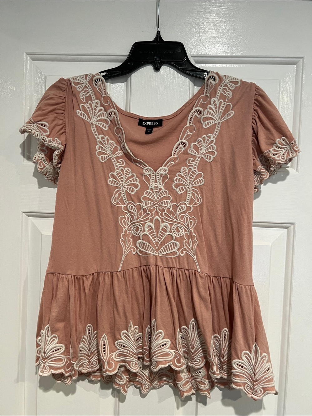 Express Rose Peplum Tunic with White Embroidery